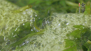 艾草葉放入煮沸的水中，加點食用堿，待變成深綠色時撈出，放入冰水中，瀝干備用。